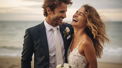 Bride and groom wearing suit and wedding dress at the sea on the beach smiling laughing and kissing. cute candid photography. wedding at the sea. happy family