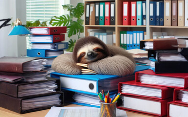 Lazy sloth sleeping at table in office.