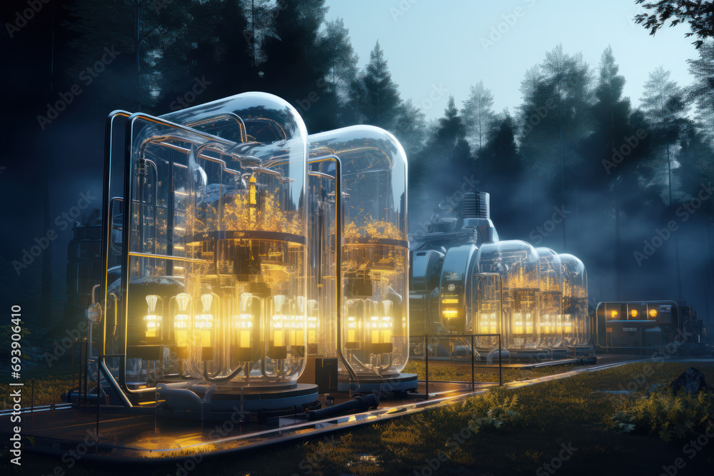 Poster a conceptual illustration of small modular reactors, showcasing the trend towards scalable and flexi