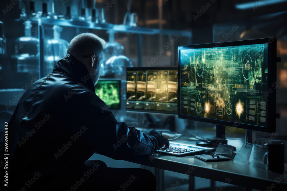 Poster a scientist analyzing data from a radiation monitoring station, emphasizing the continuous efforts t