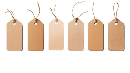 Set or collection brown natural craft kraft paper hang tags, price tags or gift tags with striped bakers twine, isolated design elements, different positions, PNG File