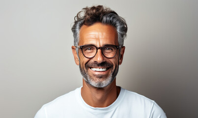 Confident Mature Man with Salt and Pepper Hair Smiling in Casual White Polo Shirt and Glasses Against a Plain Background - obrazy, fototapety, plakaty