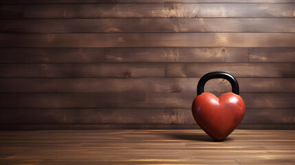 Kettlebell in the shape of a heart on wooden background for Valentine's Day, birthday, anniversary,...