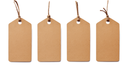 Set or collection brown natural craft kraft paper hang tags, price tags or gift tags with striped bakers twine, isolated design elements, different positions, PNG File
