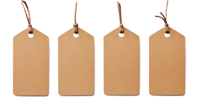 Set or collection brown natural craft kraft paper hang tags, price tags or gift tags with striped bakers twine, isolated design elements, different positions, PNG File