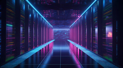 Futuristic security cloud data center server racks with pink vibrant neon-lit light.3d rendering.