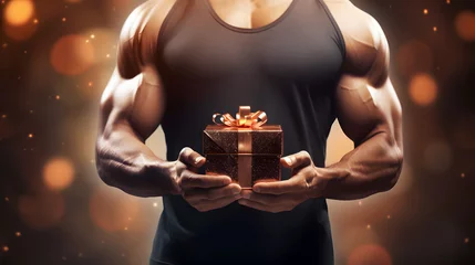 Fotobehang Muscular male arms holding gift on bokeh background for Valentine's Day, birthday, anniversary, wedding. Healthy fitness, gym workout concept © FutureStock
