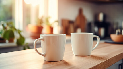 White Mug MockUps Coffee Cup on dinning table in kitchen in morning