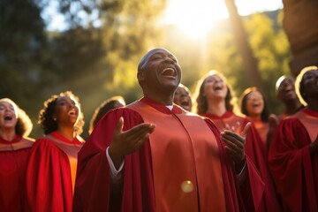 A gospel choir singing outdoors on a sunny day