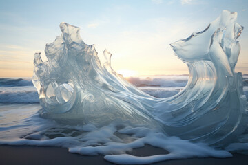 Frozen waves, suspended in time as icy sculptures, capturing the ephemeral beauty of winter's grasp on the sea. Concept of the frozen poetry of arctic waters. Generative Ai. - obrazy, fototapety, plakaty