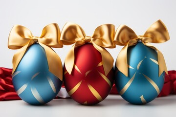 Beautiful easter eggs painted and decorated with golden ribbon bow. - obrazy, fototapety, plakaty