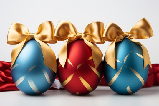 Beautiful easter eggs painted and decorated with golden ribbon bow.