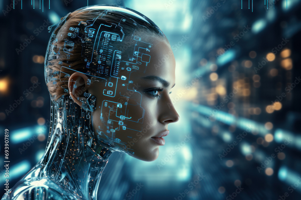 Poster a cybernetic humanoid, adorned with glowing circuitry, stands against a backdrop of binary code, emb