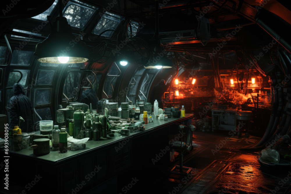 Poster a clandestine laboratory where scientists conduct experiments on alien specimens, exploring the myst
