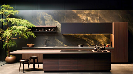 Modern Kitchen Elegance with Dark Wood Tones, Nature-Inspired Backsplash, and Sleek Bar Stools