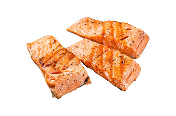 Griiled salmon fillets, fish steaks on wooden board with thyme. Transparent background. Isolated.