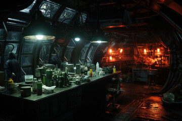 A clandestine laboratory where scientists conduct experiments on alien specimens, exploring the mysteries of extraterrestrial biology and technology. Generative Ai.