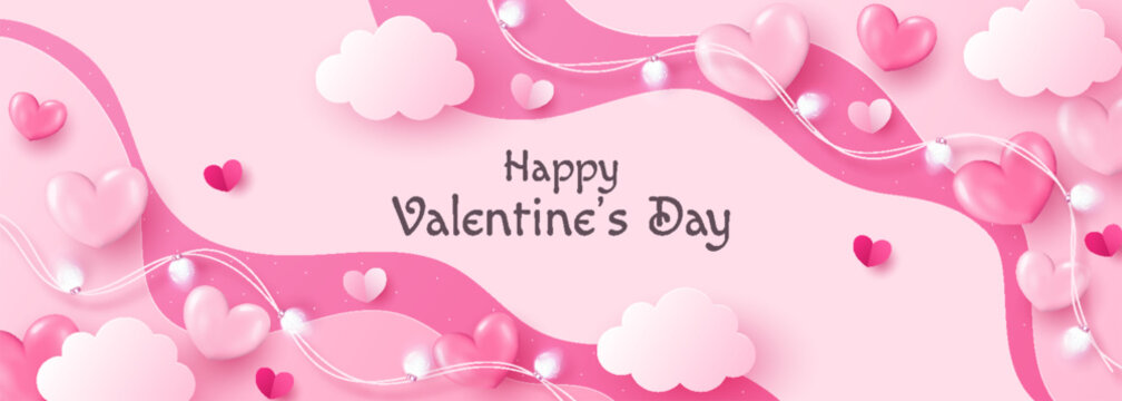 Valentine's Day background with hearts, clouds and lights. Cute illustration for love sale banner or greeting card.