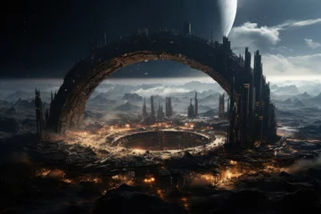 Fotobehang A megastructure in space, a colossal ring-shaped habitat rotating to simulate gravity, providing a self-contained environment for a thriving population. Generative Ai. © Sebastian