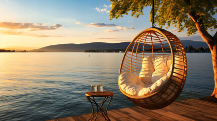 Serene Lakeside Retreat with Hanging Rattan Chair at Sunset