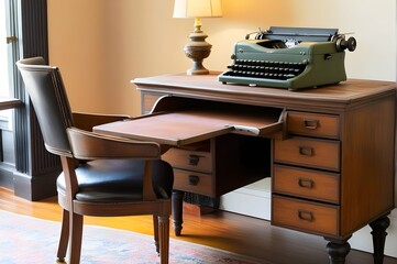 An antique wooden desk with a vintage typewriter
