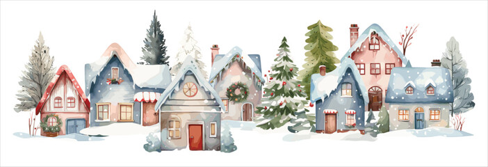 Watercolor Christmas winter houses, Holiday illustration with village and pine trees