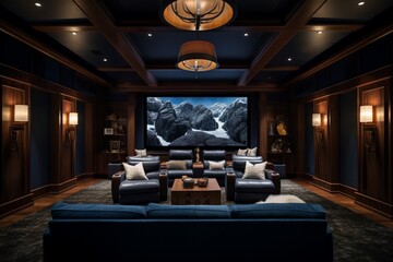 Home theater with plush seating, acoustic paneling, and ambient lighting to create the perfect cinematic experience