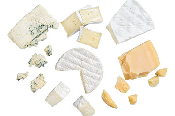 Assortment of cheese. Camembert, brie, blue cheese, parmesan.  Transparent background. Isolated.