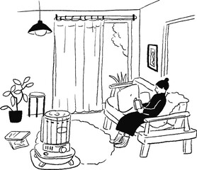部屋でくつろぐ女性の線画ベクターイラスト
