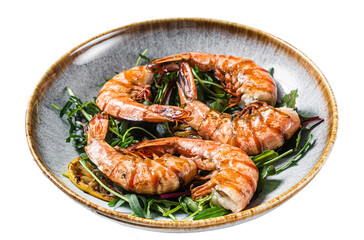 Salad with grilled Giant shrimps prawns in plate. Transparent background. Isolated.