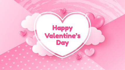 Valentine's Day background with 3D pink hearts, clouds and white heart frame. Cute illustration for love sale banner or greeting card.