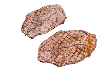 BBQ Grilled beef meat sirloin steaks on grill.  Transparent background. Isolated.