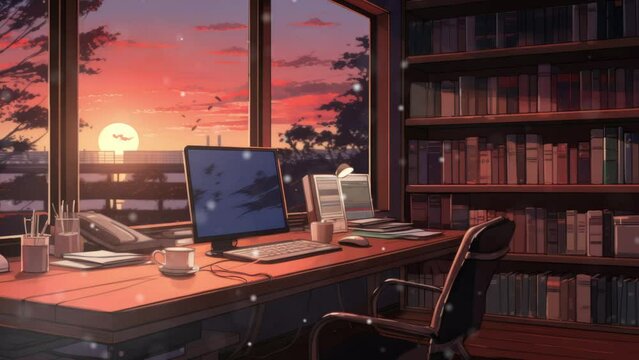 Lofi animation A quiet, relaxing, and peaceful library. Sunset lighting inside an indoor office or workplace. Charming illumination - Seamless loop animation, created using AI Generative Technology
