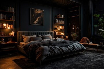 Moody and atmospheric bedroom with dark accent walls, plush bedding, and soft, indirect lighting - obrazy, fototapety, plakaty