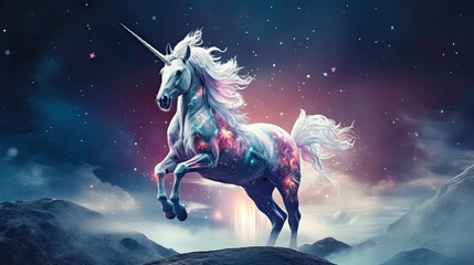 White unique unicorn posing on planet from deep space. Postproducted generative AI illustration.