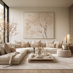 clean and stylish interior with modern furniture in nude color luxury design of a large bright room living room