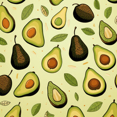 Whimsical avocado pattern with ripe and halved pieces, perfect for kitchen decor and food lovers