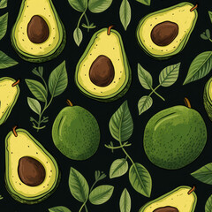 Whimsical avocado pattern with ripe and halved pieces, perfect for kitchen decor and food lovers