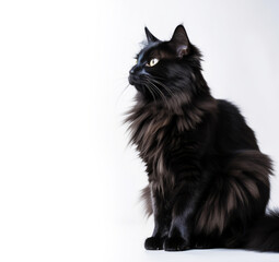 Portrait of black fluffy cat looking up on white background with copy space