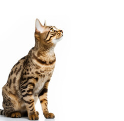 Close-up of bengal cat looking up on white background with copy space
