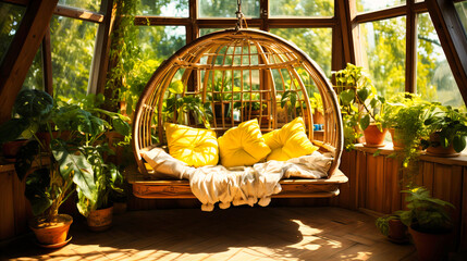 Sunny Conservatory with a Hanging Rattan Chair Surrounded by Lush Indoor Plants