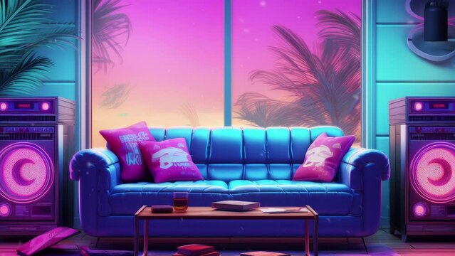 Synthwave tech Retro vintage stereo jukebox in a chill living room with neon vaporwave color mood - Seamless loop animation, created using AI Generative Technology
