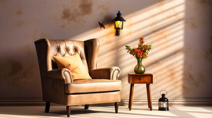 Classic Leather Armchair with Side Table and Warm Sunlight Casting Shadows on Wall