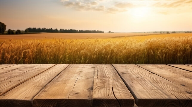 Wooden table with a wheat field in the background. AI Generated