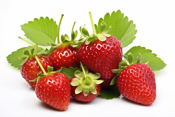 Luscious-strawberries-nestled-amid-leaves,-white-background,-real-photo,-stock-photography. AI generated