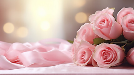 Romantic table setting with pink roses on bokeh background.