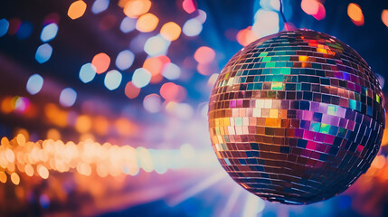 Disco ball sphere with colourful disco lights, Happy New Year, Party Celebration  - obrazy, fototapety, plakaty