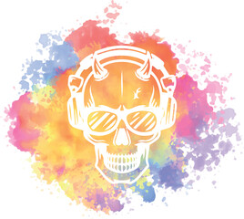 Coo skull with horns headphones and watercolor as a background  - obrazy, fototapety, plakaty