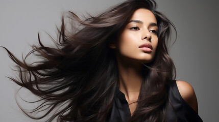 Portrait of a beautiful young female model woman shaking her beautiful hair in motion, shampoo commercial template