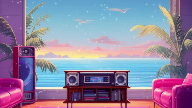 Synthwave tech Chill living room with a retro vintage stereo jukebox and neon vaporwave color mood - Seamless loop animation, created using AI Generative Technology